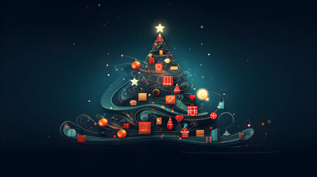 Christmas tree with gift boxes on dark blue background. Vector illustration.の素材