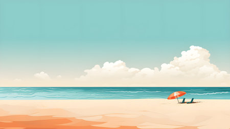 Illustration of a tropical beach with a sunbed and an umbrellaの素材
