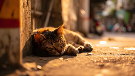 Sleeping cat on the street at sunset. Selective focus.の素材