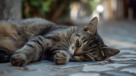 Cute cat sleeping on the floor in the garden, selective focusの素材