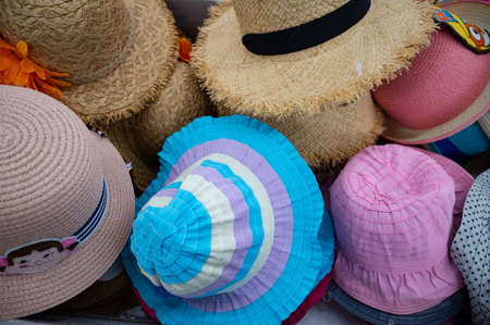 Hats in outdoor store stackedの写真素材