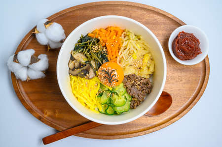 Homemade Korean Bibimbap Rice with white backgroundの写真素材