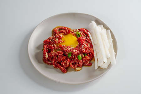 Korean style beef tartare 'sogogi yukhoe'の写真素材