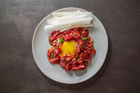 Korean style beef tartare 'sogogi yukhoe'の写真素材