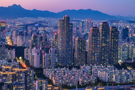 Seoul city night view from the top of the mountain at sunset timeのeditorial素材