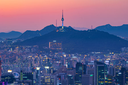 Seoul city night view from the top of the mountain at sunset timeのeditorial素材