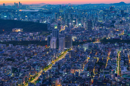 Seoul city night view from the top of the mountain at sunset timeのeditorial素材