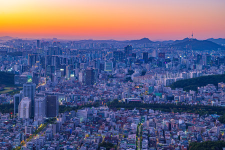 Seoul city night view from the top of the mountain at sunset timeのeditorial素材