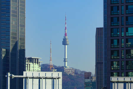 The landmark Namsan Tower seen among the buildings taken in the afternoon in Seoul, South Korea
