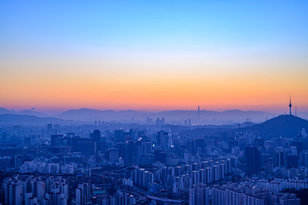 City scape night view of Seoul,Korea at sunrise time from the top of mountainのeditorial素材