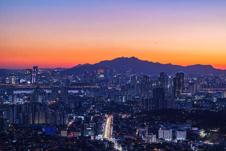 Cityscape night view of Seoul, South Korea at sunset timeの写真素材