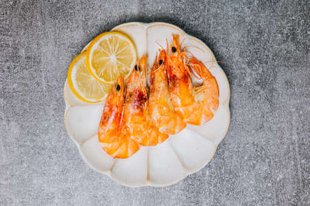 shrimps cooked seafood ready to eat prawn natural product ingredient snack. food background copy...