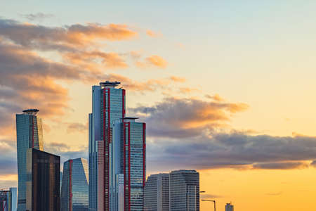 Cityscape of Yeouido skyscrapers in the business financial district taken in the evening sunset time in Seoul, South Koreaの写真素材