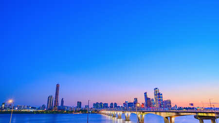 Cityscape night view of Yeouido, Seoul at sunset timeの写真素材