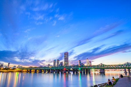 City night view of Yeouido, a landmark financial district in Seoul, Korea taken at nightの写真素材
