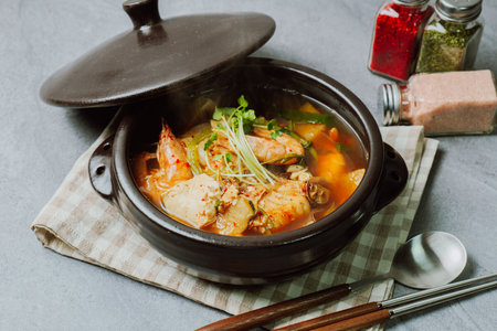 Spicy saengtae (fresh pollack) soup made with fresh pollack, bean curd, radish, crown daisy, and other vegetables and seasoned with red chili powder.の写真素材