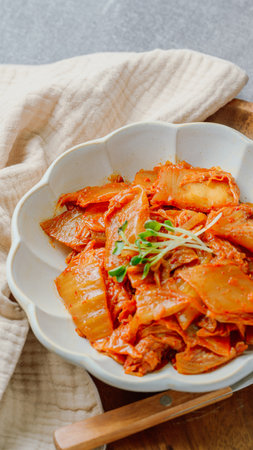 Well-fermented kimchi stir-fried with chopped green onion and garlic in a pan greased with oil, this is a popular side dish usually eaten with rice. It also goes well with bean curd.の写真素材