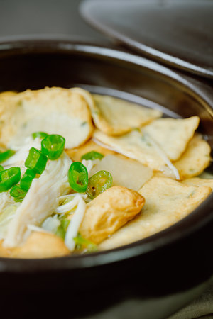 Omukguk, Fishcake Soup : Made by boiling fishcake and radish seasoned with soy sauce in broth, this...