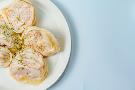 Kimchi dumplings are stuffed with a filling of chopped kimchi, bean curd, and vegetables. They are the most popular type of dumpling among Koreans.の写真素材