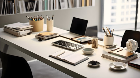 Step into a stylish workplace where productivity and creativity thrive. The scene showcases a sleek laptop computer positioned on a clean and modern desk, surrounded by an array of meticulously arranged office supplies. The desk features minimalist design elements with a touch of sophistication, complemented by tastefully selected stationery, notebooks, and pens. Soft natural light streams through the window, casting a warm glow on the workspace. The atmosphere is calm and inviting, fostering focus and inspiration. The style is photography, using a wide-angle lens to capture the entirety of the stylish workplace, highlighting the meticulous arrangement of office supplies and the overall aesthetic appeal.の素材