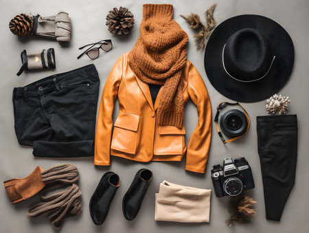 A captivating view from above presents an ensemble of women's warm winter clothing and accessories arranged in a flat lay style. A stylish jacket, black leather high top sneakers, cozy gloves, and a chic hat form the centerpiece of this fashionable winter outfit. The composition embodies a wish list or shopping overview concept, inviting the viewer to explore and curate their ideal winter wardrobe, Photography, using a bird's eye view perspective to showcase the arrangement and emphasize the textures and details of the clothing and accessories. Created Generative AI.の素材