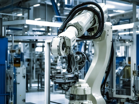 In an automotive factory, a robotics arm with a milling spindle attachmentの素材