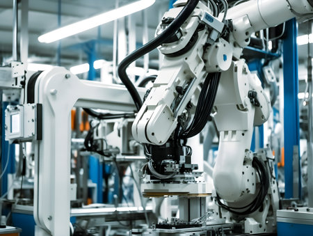 In an automotive factory, a robotics arm with a milling spindle attachmentの素材