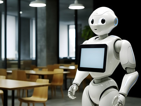 A friendly and welcoming electronic cyborg robot stands tall, its sleek metallic body gleaming with a polished finishの素材