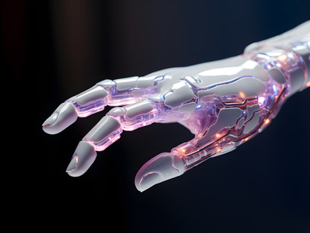A cyborg hand with fingers extended, pointing towards a holographic interfaceの素材