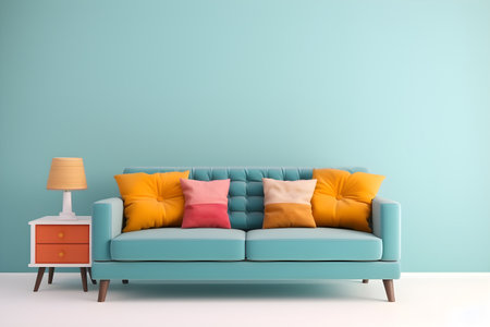 Living room interior design with sofas, cushions, cabinets, and walls, including copyspace. created generative AIの素材