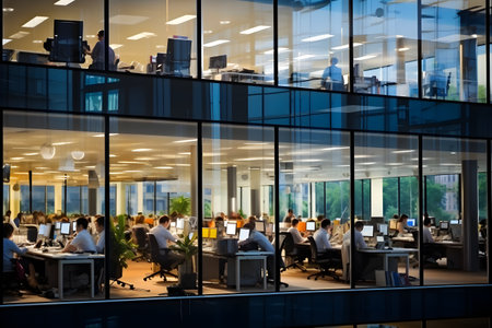 Workers in an office building working in the eveningの素材