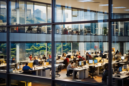 Workers in an office building working in the eveningの素材
