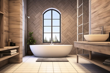 interior design of Modern bathroom interior with wooden decor in eco style. created generative AIの素材