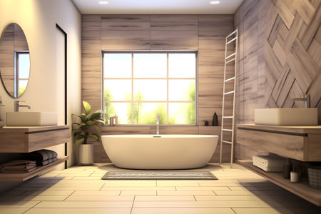 interior design of Modern bathroom interior with wooden decor in eco style. created generative AIの素材
