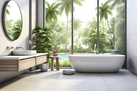 interior design of Modern bathroom interior with wooden decor in eco style. created generative AIの素材