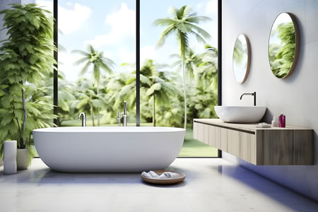 interior design of Modern bathroom interior with wooden decor in eco style. created generative AIの素材