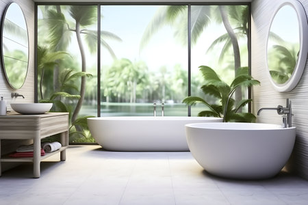 interior design of Modern bathroom interior with wooden decor in eco style. created generative AIの素材