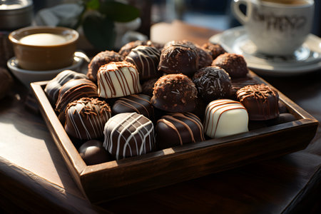 box with tasty chocolate candies on wooden tableの素材