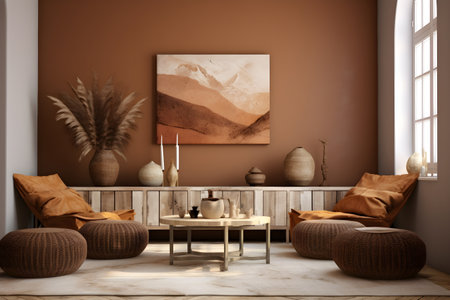 interior design, light ethnic boho decoration, living room in brown warm colorの素材