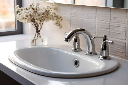 Interior design, Bathroom interior with white sink and faucetの素材