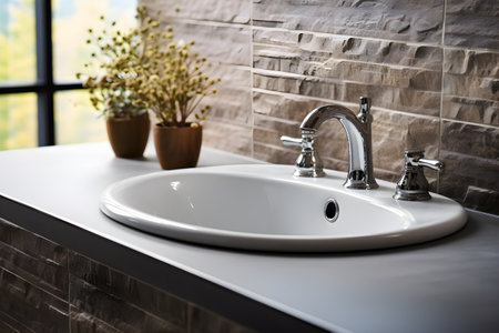 Interior design, Bathroom interior with white sink and faucetの素材