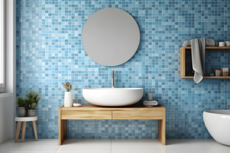 interior design of a modern bathroom with a wall, mirror and washbasinの素材