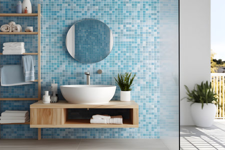 interior design of a modern bathroom with a wall, mirror and washbasinの素材