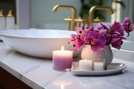 Interior design, Beautiful flowers and candle on countertop in bathroom. Scandinavian style. created generative ai.の素材