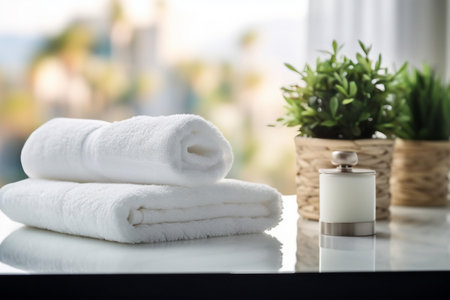 interior design, roll up of white towels on white table with copy space on blurred living room background. simple style. created generative ai.の素材