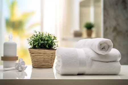 interior design, roll up of white towels on white table with copy space on blurred living room background. simple style. created generative ai.の素材