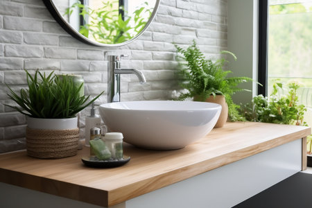 Interior design,White modern bathroom. Bright room. Modern interior. Green plants on wooden counter and bathroom sink. Scandinavian style. created generative ai.の素材
