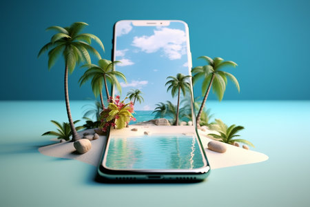 Creative summer beach on smartphone with blue background 3d rendering. created generative ai.の素材