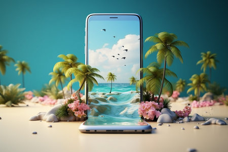 Creative summer beach on smartphone with blue background 3d rendering. created generative ai.の素材
