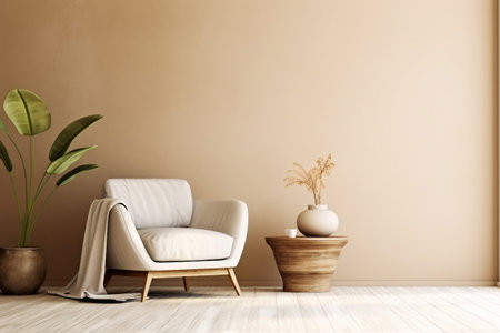 interior design, Warm neutral interior wall mockup in soft minimalist living room with rounded beige armchair, wooden side table and palm leaf in vase. Scandinavian style. created generative ai.の素材